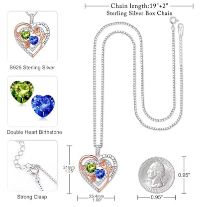 Iefil Heart Birthstone Necklace for Women - Double Birthstone Jewelry | 925 Sterling Silver, Gift Box Packaging, Anniversary Birthday Gifts for Women Wife Mom - color: 08-09-Aug-Sept Birthstone