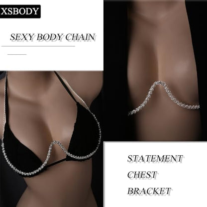 Sexy Rhinestone Bra Chain Chest Bracket Bikini Nightclub Crystal Rave Body Chain For Women Body Jewelry - color: SILVER