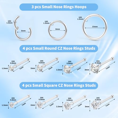 20g Nose Rings Studs and 18g Nose Rings Hoops for Women Men: Hypoallergenic Surgical Stainless Steel Threadless Corkscrew/L Shape/Straight Nose Studs Round Square Simulated Diamond CZ 1.5/2/2.5/3mm Nose Bone Studs Hinged Clicker Segment Nose Hoops Septum