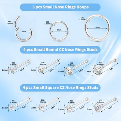20g Nose Rings Studs and 18g Nose Rings Hoops for Women Men: Hypoallergenic Surgical Stainless Steel Threadless Corkscrew/L Shape/Straight Nose Studs Round Square Simulated Diamond CZ 1.5/2/2.5/3mm Nose Bone Studs Hinged Clicker Segment Nose Hoops Septum