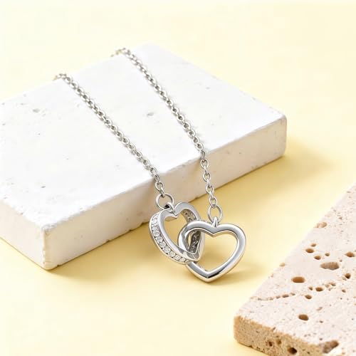 Titanium Steel Interlocking Double Heart Pendant Necklace for Women, 1 Piece 17"+2" Adjustable Hypoallergenic Dainty Rolo Chain, Minimalist Cubic Zirconia Love Choker Necklace - color: Gold