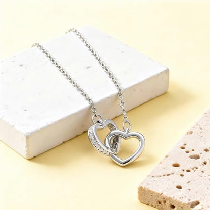 Titanium Steel Interlocking Double Heart Pendant Necklace for Women, 1 Piece 17"+2" Adjustable Hypoallergenic Dainty Rolo Chain, Minimalist Cubic Zirconia Love Choker Necklace - color: Gold