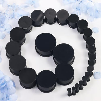 8G-25mm Black Soft Solid Silicone Ear Gauges Stretching Kit Double Flared Plugs Tunnels Expanders Stretcher Saddle Earrings Piercing Jewelry for Men Women Black White Flesh Skin Tone - color: Black 8G-25mm