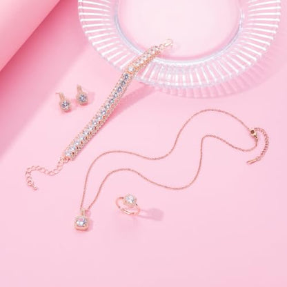 Paxuan 4pcs Cubic Zirconia Wedding Jewelry Sets for Bride Bridesmaid Cubic Zirconia Pendant Necklace Earrings Link Tennis Bracelet Open Ring Set for Women - color: Rose Gold Plated White Cubic Zirconia