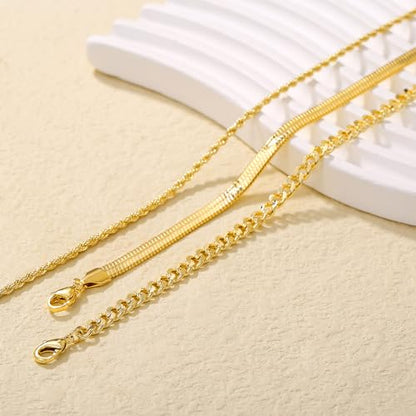 Plus Size Ankle Bracelets for Women - Extra Large 10"+2" Adjustable Anklet 14K Real Gold Plated Anklet Cuban Link, Figaro, Rope, Snake Herringbone - Summer Beach Waterproof Foot Jewelry - color: Curb, Snake, Rope