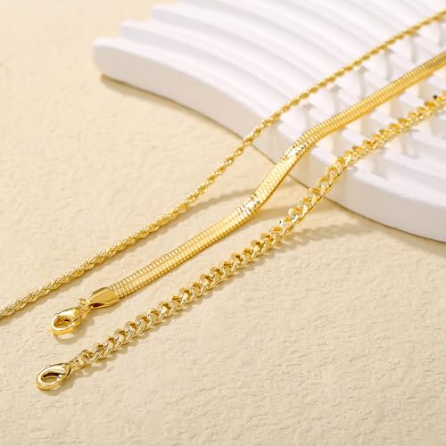 Plus Size Ankle Bracelets for Women - Extra Large 10"+2" Adjustable Anklet 14K Real Gold Plated Anklet Cuban Link, Figaro, Rope, Snake Herringbone - Summer Beach Waterproof Foot Jewelry - color: Curb, Snake, Rope