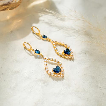 18K Gold Plated Flower Dangle Earrings for Women, Hypoallergenic Cubic Zirconia Earrings, Elegant CZ Drop Earrings, Statement Jewelry Gifts Party Fashion - style: OBS7508-Navy