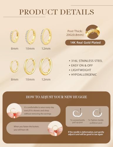 Hypoallergenic Gold Huggie Hoop Earrings Set for Women Girls | 14K Gold Plated, Small Hoop Earrings Set, Gold Hoop Earring for Women, Huggie Hoop Earrings, Hypoallergenic Gold Earrings - color: 14K Gold Plated