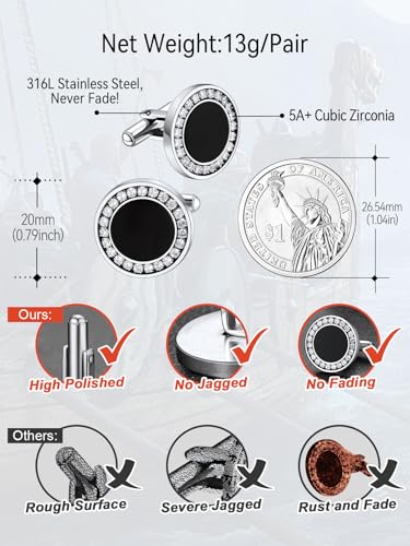 FaithHeart Mens Cufflinks, Norse Viking Tuxedo Shirt Cuff Links, Stainless Steel Cuff Links and Shirt Studs, Gift Box - style: 03. Black Onyx CZ-Silver