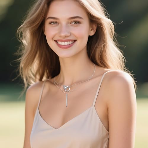 925 Sterling Silver Double Layer Vertical Bar Circle Necklace for Women, Minimalist Dainty Layered Pendant Chain Jewelry, Gift for Her
