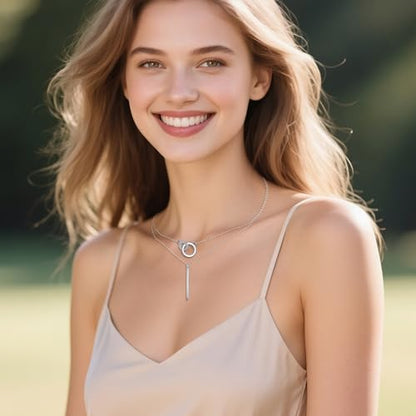 925 Sterling Silver Double Layer Vertical Bar Circle Necklace for Women, Minimalist Dainty Layered Pendant Chain Jewelry, Gift for Her