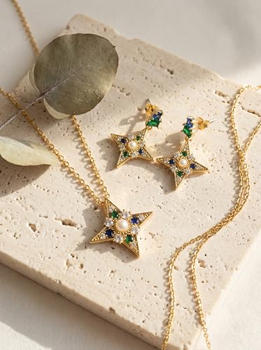 Celestial Star Moon Pendant Necklaces for Women Trendy, 14K Gold Plated Dainty Charm Necklaces with Green Blue Zircon, Gold Pendant Necklace for Wedding & Everyday Wear - style: Starburst Necklace