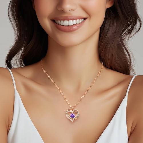 CDE Engraved Forever Love Heart Birthstone Necklace Jewelry Gifts for Women | Hypoallergenic,Nickel-Free & Lead-Free,3 x 3 mm 5A CZ Heart Pendant,Anniversary Christmas Birthday Gift for Girlfriend Wife - color: 02-Feb, style: Rose Gold Plated