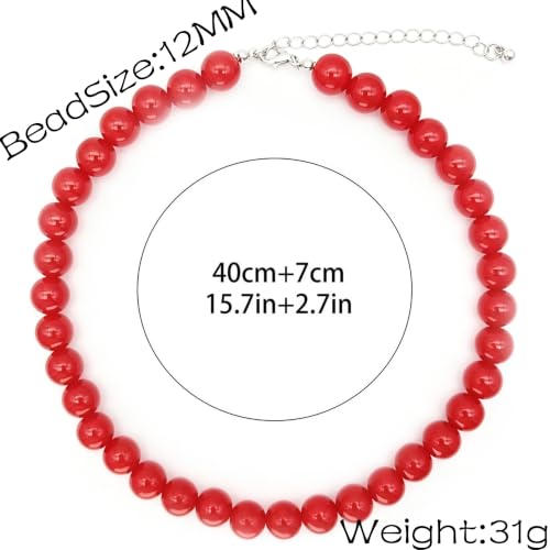 Red Beaded Necklace for Women Chunky Beaded Necklace Adjustable Acrylic Bead Choker Necklaces Big Statement Necklaces Jewelry Accessories - color: 12MM Chunky Red Necklace