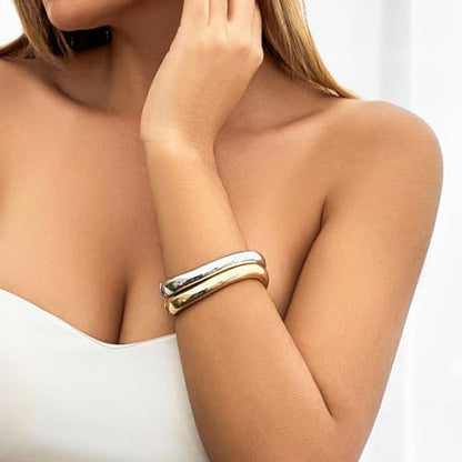 Chunky Gold Bangles Bracelets for Women Trendy Stack Statement Bangle Irregular Cuff Bracelets Fashion Jewelry Gift - color: Gold2+Silver2