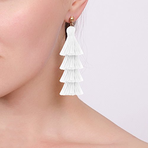 BaubleStar Bohemian Layered Tassel Drop Earrings for Women | Lightweight Statement Party Festival Jewelry - color: White