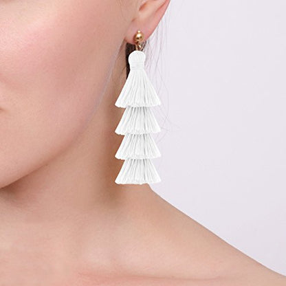 BaubleStar Bohemian Layered Tassel Drop Earrings for Women | Lightweight Statement Party Festival Jewelry - color: White