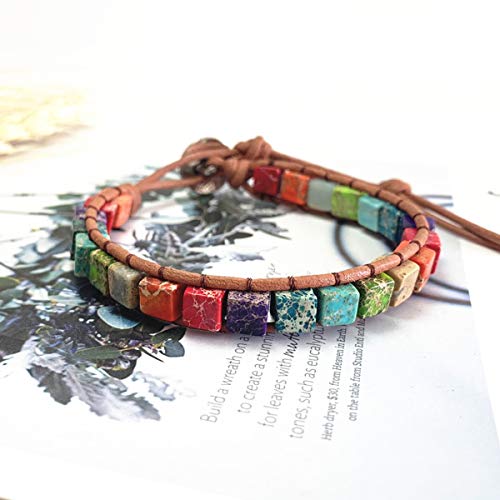 7 Chakra Bracelet Bohemian Handmade Leather Wrap Healing Protection Natural Stone Yoga Beaded Bracelets Boho Friendship Jewelry - color: Chakra 4