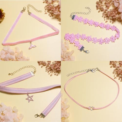 Nova&Aria Chokers Set For Women Heart Choker Necklaces Flower Pendant Velvet Cute Pink Turquoise Blue White Black Choker Necklace Christmas Colorful Lace Chokers - color: Pink-B