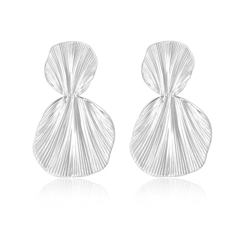 Large Geometric Drop Dangle Earrings for Women Pearl Teardrop Disc Rectangle Oval Fishtail Shell Shaped Textured Dangle Studs Earrings for Women - color: Silver-Shell A