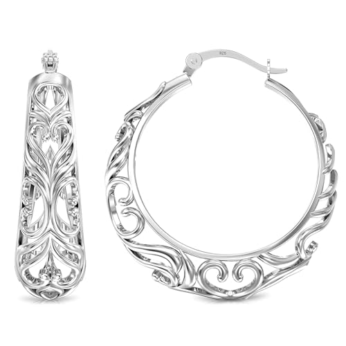 LeCalla 925 Sterling Silver Hoop Earrings | Women's Filigree Hoop Earrings | Openwork Mesh Filigree Cut Earring | Lightweight & Hypoallergenic Vintage Hoop Earrings for Women - style: Round Heart Filigree