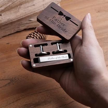 Father of the Bride Gift Set, Wooden Box with Cufflinks and Tie Clip, Bow Tie Design, Wedding Keepsake - color: C1