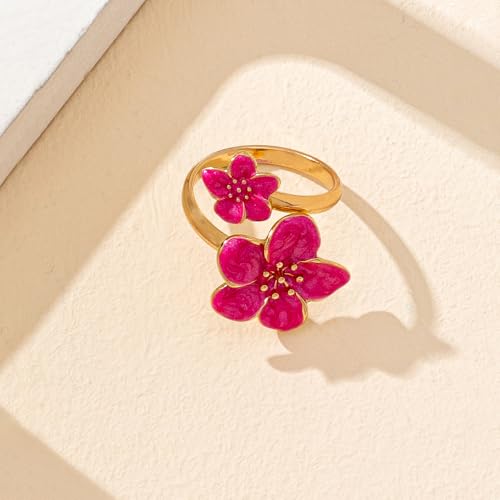 NewZenro Elegant Flower Enamel Adjustable Open Ring for Women Gold-Tone Plated Chic Cherry Blossoms Floral Statement Finger Wrap Band Rings Comfort Fit Wedding Party Prom Fashion Jewelry - color: Hot Pink