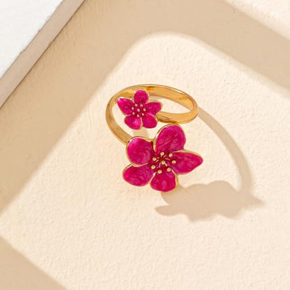 NewZenro Elegant Flower Enamel Adjustable Open Ring for Women Gold-Tone Plated Chic Cherry Blossoms Floral Statement Finger Wrap Band Rings Comfort Fit Wedding Party Prom Fashion Jewelry - color: Hot Pink