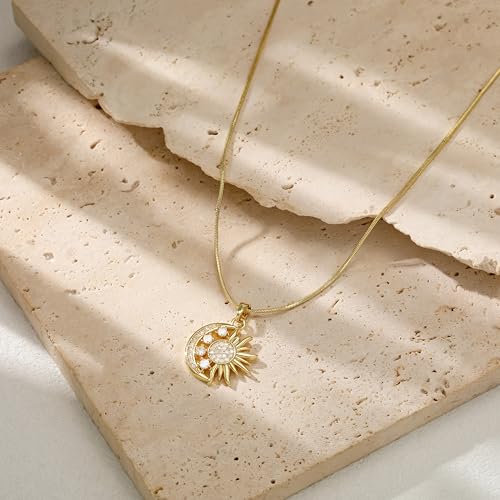 CHESKY Layered Necklaces for Women Trendy, Dainty 14k Gold Plated Pendant Necklace Layering Necklace for Women Non Tarnish Hypoallergenic Sun Gold Necklace Stack Gold Jewelry for Women Gifts - style: SunMoon-CZ