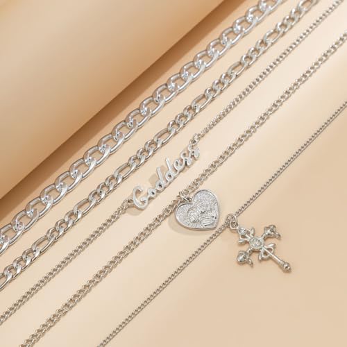 Chunky Gold Necklace Stack Layered Gold Necklaces for Women Non Tarnish Silver Statement Necklace Paperclip Chain Necklace Set Layering Big Heart Coin Cross Necklace Chunky Jewelry - style: 3 - silver with cross