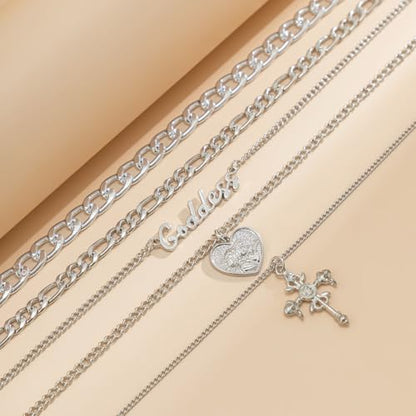 Chunky Gold Necklace Stack Layered Gold Necklaces for Women Non Tarnish Silver Statement Necklace Paperclip Chain Necklace Set Layering Big Heart Coin Cross Necklace Chunky Jewelry - style: 3 - silver with cross