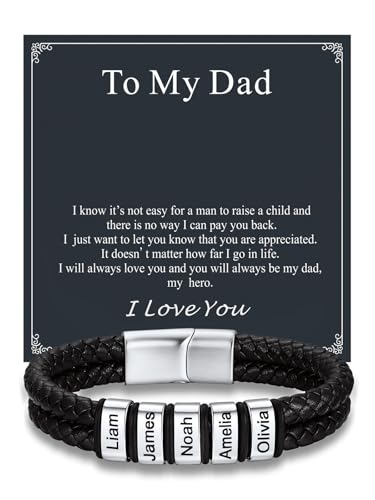Custom4U Personalized Braided Leather Bracelet for Men with Name Engraved | 1-5 Name Engraving, Stainless Steel Bead, 7.5/8.3/9 Inch Black Leather, Gift Design for Men with Custom Keepsake Cards - color: 01-Steel Color-To My Dad, size: 5 Names
