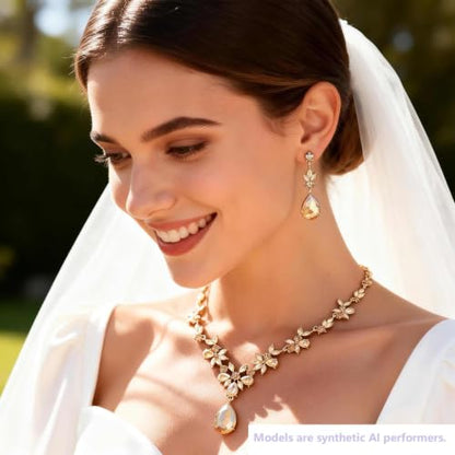 Kamirola Bridal Jewelry Set, Jewelry Set for Women, Necklace Dangle Earrings Bracelet Set, White Gold Plated (TR76) - color: Champagne