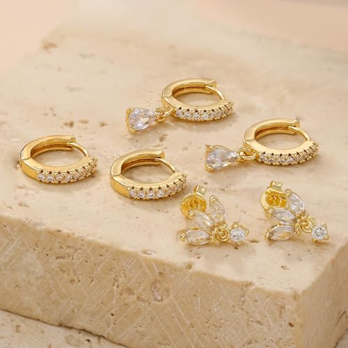 3 Pairs Huggie Hoop Earring Set 18K Gold Plated Cubic Zirconia Cartilage Earrings, Multi Piercings Ear Jacket Earring Climber Stud Earring for Women Everyday Earrings - color: 3 Pairs Earrings Style B