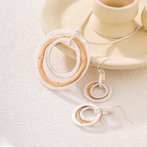 3 Circles Silver Hoop Earrings Necklace Set for Women Geometric Jewelry Set | 925 Silver Hypoallergenic Small Hoop Circle Geometry Textured Finish Minimalist Style Comfortable Wear - style: Gold Hammered Hoop