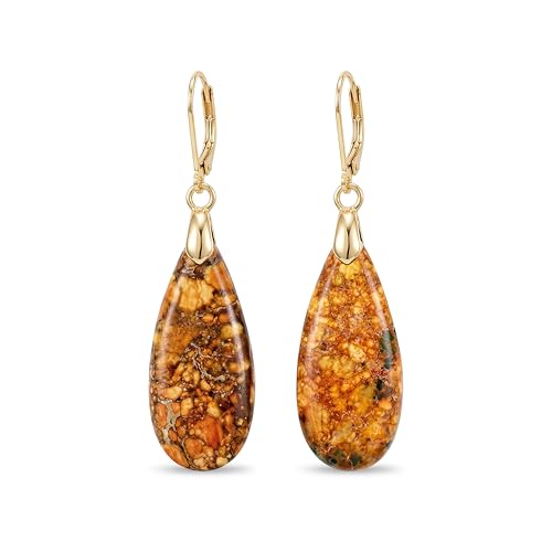 Natural Healing Teardrop Stone Leverback Dangle Drop Earrings Statement Gold earrings - color: Orange -Gold