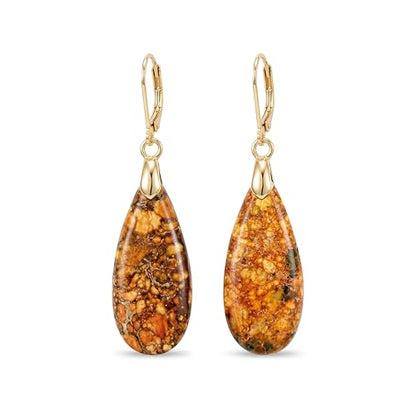 Natural Healing Teardrop Stone Leverback Dangle Drop Earrings Statement Gold earrings - color: Orange -Gold