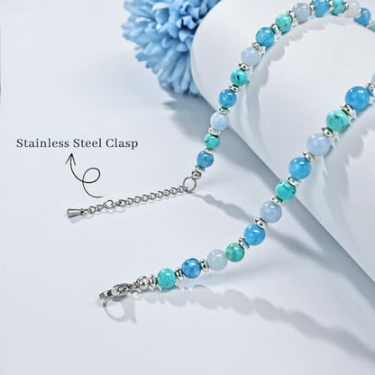 Beaded Necklaces for Women 3Pcs Colorful Boho Gemstone Bead Choker Summer Natural Stone Surfer Beach Bead Necklace Bracelets Earring Set Handmade Jewelry for Women Gift Jewelry Sets - color: Blue