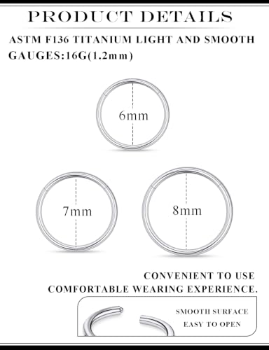 20G 18G 16G 14G Nose Rings Hoops Astm F136 Titanium Clicker Septum Jewelry Lip Ring Tragus Helix Daith Rook Conch Snug Cartilage Lobe Earrings Hoop Piercing Jewelry For Women Men Silver - size: 16G-6MM-7MM-8MM