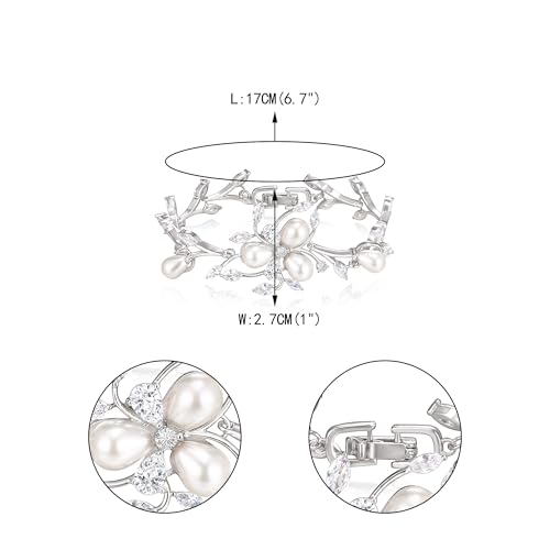 EVER FAITH Cubic Zirconia Pearl Bridal Prom Tennis Bracelet for Women | Elegant Pear CZ Wedding Jewelry Gift, for Bride Bridesmaid - style: Vine_Silver-Plated-Brass