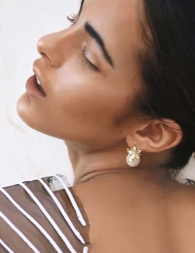 Big Pearl Drop Earrings for Women - 14K Real Gold Plated Quality Dangles for Elevated Casual or Elegant Gift - color: Elsa Gold