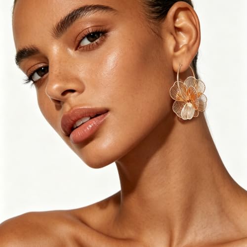 Dangle Flower Gold Earrings for Women, Trendy Statement Hoop Earrings, Gold Floral Drop Earrings Jewelry for Gifts - color: golden flower