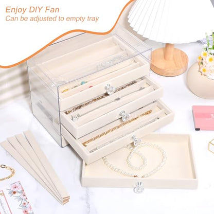 5-Drawer Necklace Organizer Box with Clear Acrylic & Velvet Lining, Beige Necklace Storage Box for Chains, Pendants, Stackable Dustproof Jewelry Holder(9.25 x 5.9 x 6.69 in)