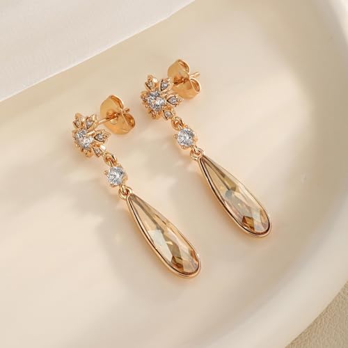 Austrian Crystal Teardrop Earrings Flower Dangle Earrings for Women 14K Gold Plated Drop Stud Earrings Hypoallergenic Jewelry - color: Light Topaz