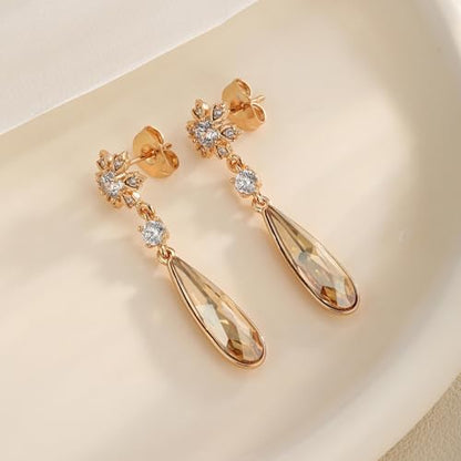 Austrian Crystal Teardrop Earrings Flower Dangle Earrings for Women 14K Gold Plated Drop Stud Earrings Hypoallergenic Jewelry - color: Light Topaz