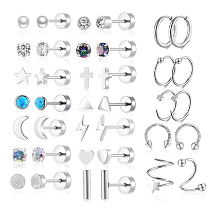 38Pcs Stainless Steel Earrings Set for Women Men 14K Gold Plated Small Flat Back Stud Earrings Hoop Earrings Women Men Hypoallergenic Cubic Zirconia Earrings Cartilage Earrings Rook Daith Tragues Lobe Conch Septum Piercing Jewelry - color: B:Silver