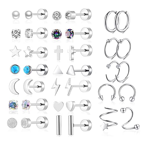 38Pcs Stainless Steel Earrings Set for Women Men 14K Gold Plated Small Flat Back Stud Earrings Hoop Earrings Women Men Hypoallergenic Cubic Zirconia Earrings Cartilage Earrings Rook Daith Tragues Lobe Conch Septum Piercing Jewelry - color: B:Silver