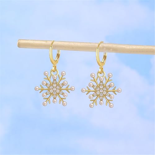 Dreuyet Snowflake Earring and Necklace Set for Women Clear Cubic Zirconia Sparkle Snowflake Hoop Earrings Silver Christmas Snowflake Pearl Earrings Winter Holiday Women Wife Jewelry Gift - color: Gold