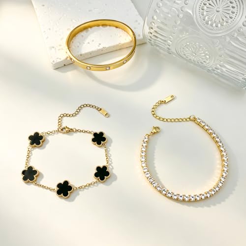 Gold Stackable Bracelets for Women 18K Gold Plated Floral Bracelet, Stainless Steel Bangle Bracelets Trendy Jewelry as Gifts for Women - style: Black