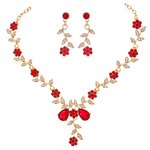 Kamirola Women's Wedding Jewelry Leaf Cluster Flower Crystal Dangle Earrings Pendant Necklace Set for BridalCrystal Bridal Jewelry Set - color: Gold Red